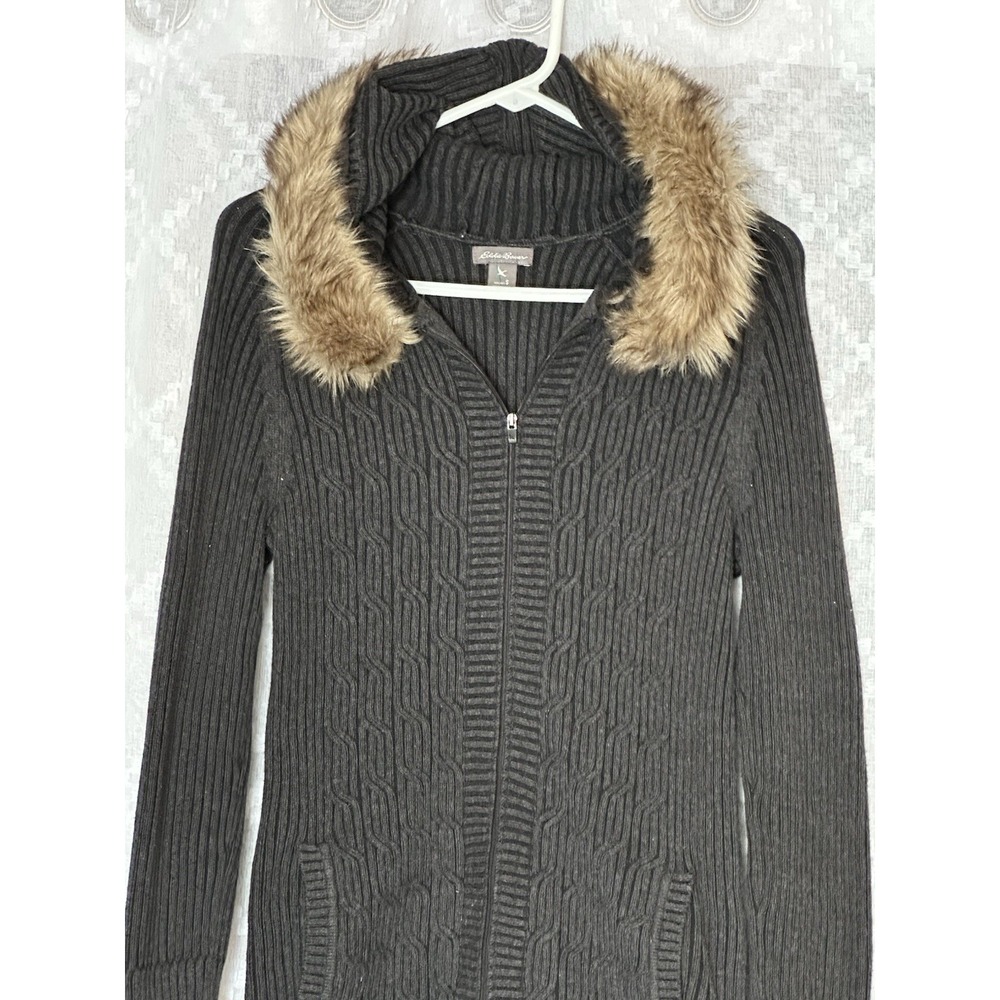 Vintage Womens Y2K Cable Knit Full Zip Hoodie Faux Fur Collar Preppy Small - Picture 3 of 8